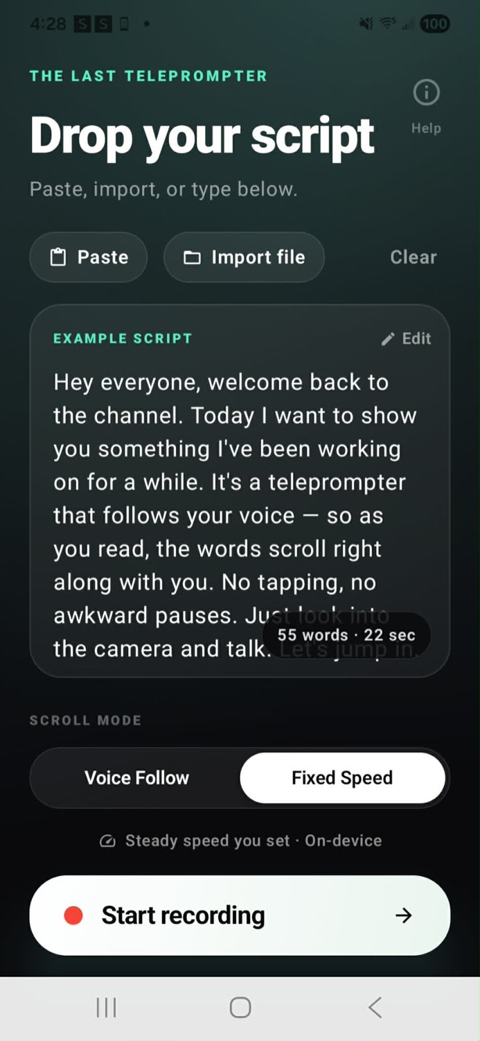 The Last Teleprompter on Android: the editor screen to paste, import, or type your script