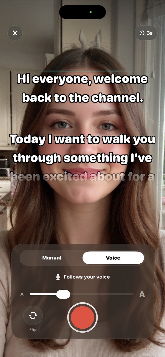 The Last Teleprompter recording screen with the Voice mode toggle and big readable script over the live camera
